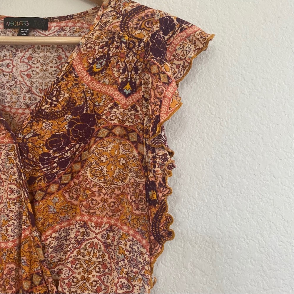 Weavers Mini Dress XS Brown Red Ruffle V-Neck Elastic Waist Festival Boho Summer - Picture 3 of 7